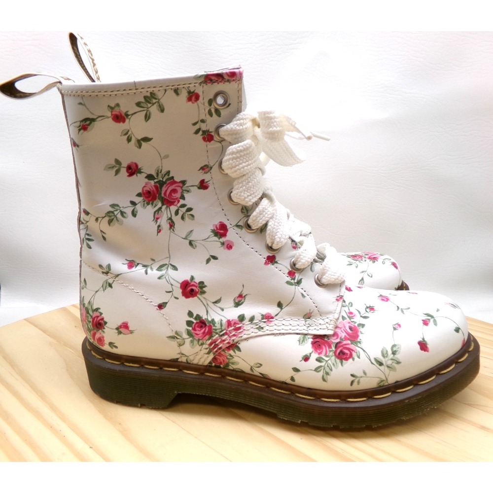 Dr Doc Martens Portland Rose Combat Boots Womens White Floral Sz 9 Shoelaces Rep